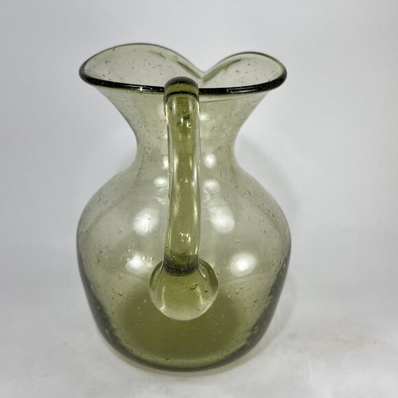 Jamestown Glasshouse VA Hand Blown Green Glass Pitcher Heart Spout USA 40oz - Picture 3 of 16